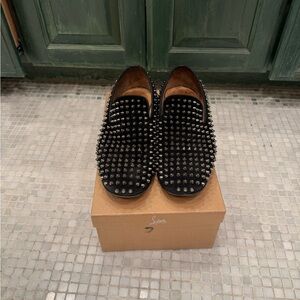 Christian Louboutin Black Studded Velvet Slip-On Loafers
